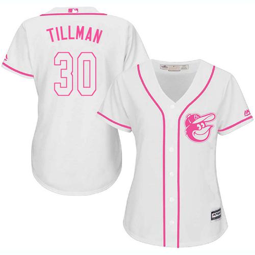 Orioles #30 Chris Tillman White/Pink Fashion Women's Stitched MLB Jersey